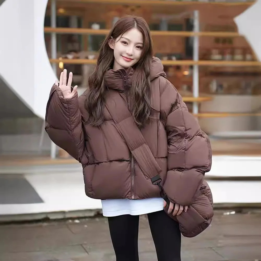 Winter short jacket fashionable hooded warm park inflatable jacket stand up collar chiffon American streetwear Y2K style 241009