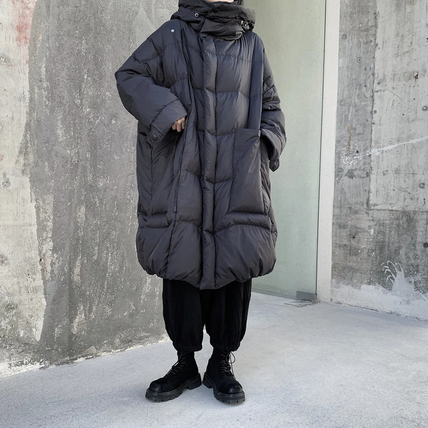 UMI MAO Yamamoto dark niche stand up collar hooded loose 90 white duck down jacket mens mid length jacket Y2K 241009