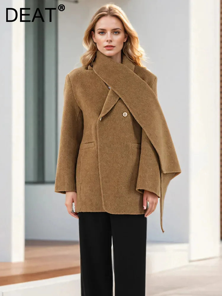 DEAT Fashion Womens Wool Coat Scarf Collar Double Chest Pockets Thick Loose Warm Jacket Autumn Trendy CPDB258 241011