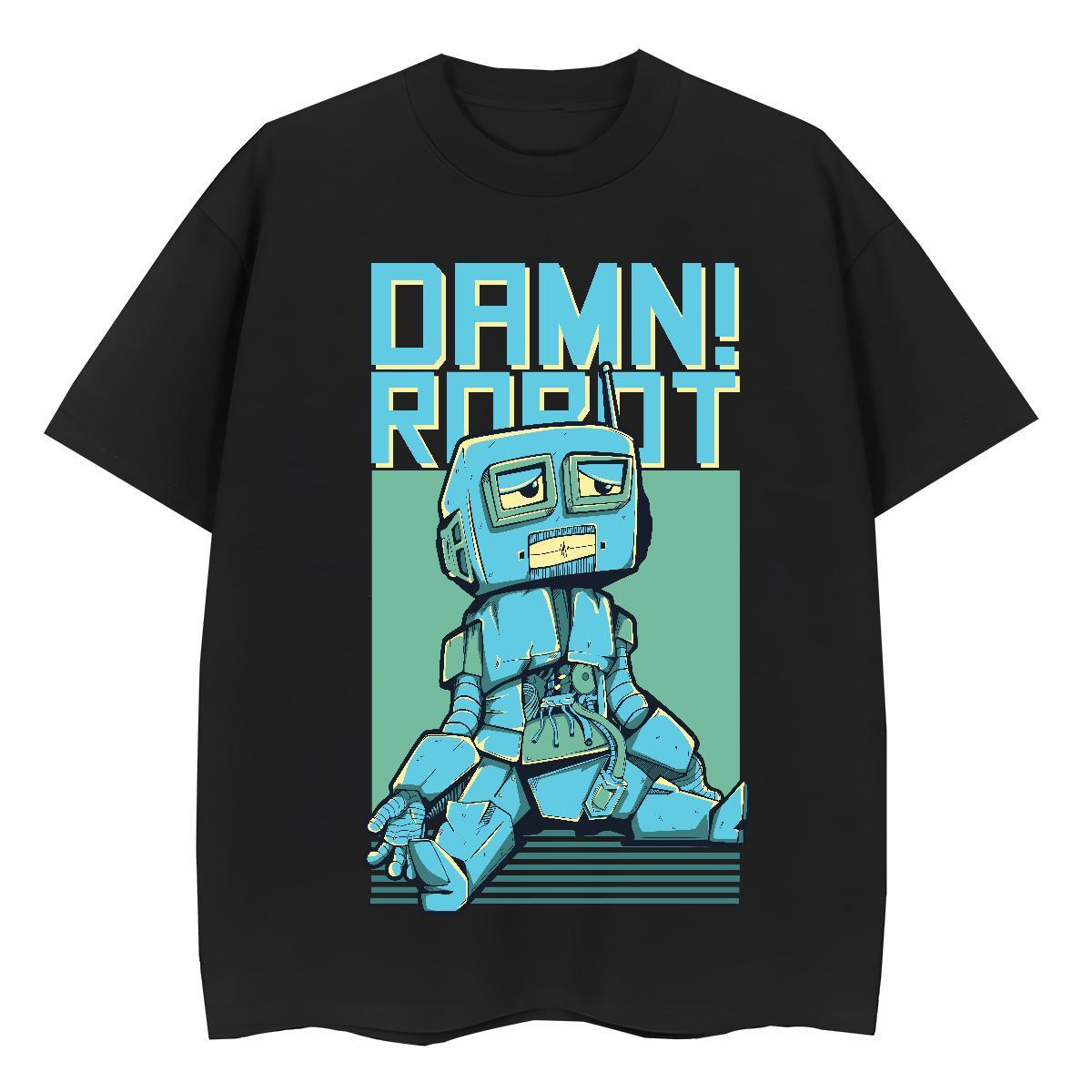 Fashion New Woman T Shirts 230g Cotton Breathable High Street Hip Hop robot Tshirt for Man Woman Loose fit Anime Print Clothes Shirt