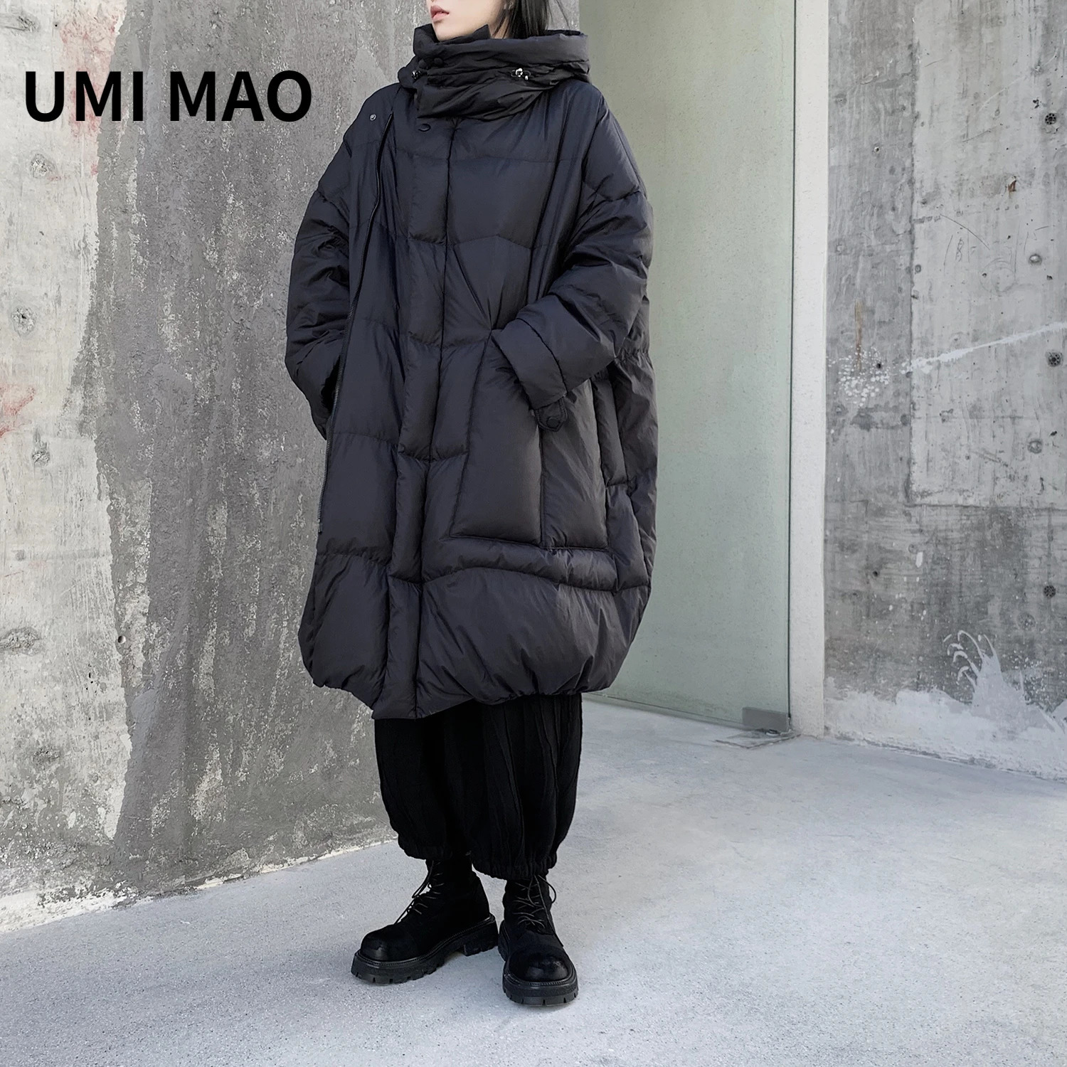 UMI MAO Yamamoto dark niche stand up collar hooded loose 90 white duck down jacket mens mid length jacket Y2K 241009