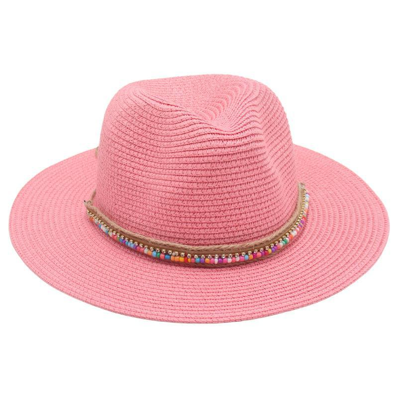 Ethnic Style Summer Panama Straw Hat with Rainbow Beads for Dance Performances & Beach Wear