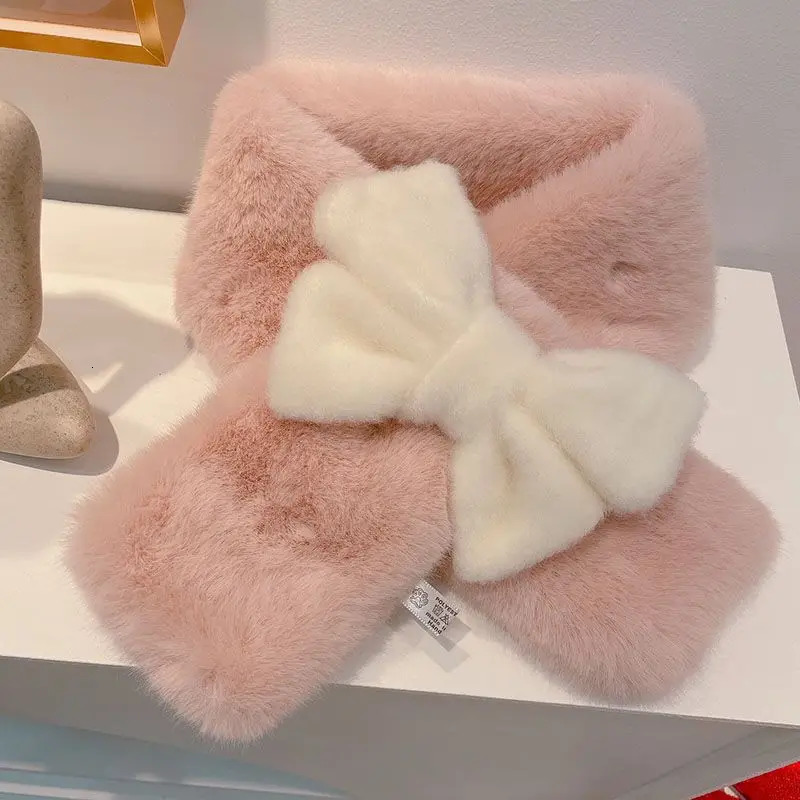 Japanese Sweet Girl Pink Bow Neck Scarf Womens AutumnWinter Faux Fur Cute Fury Scarf Fashion Female Trendy Accessories 241009