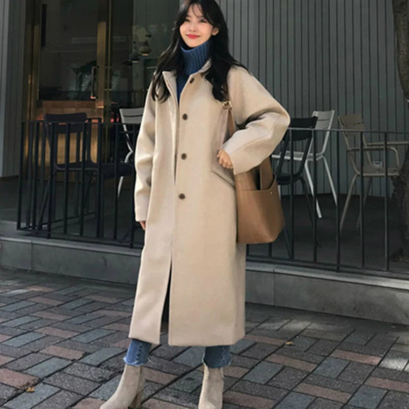 Women Wool Blends Long Coat Thickening Casual Fashion Warm Allmatch Single Breasted Slim Overcoat Turndown Collar Classic Chic 241008