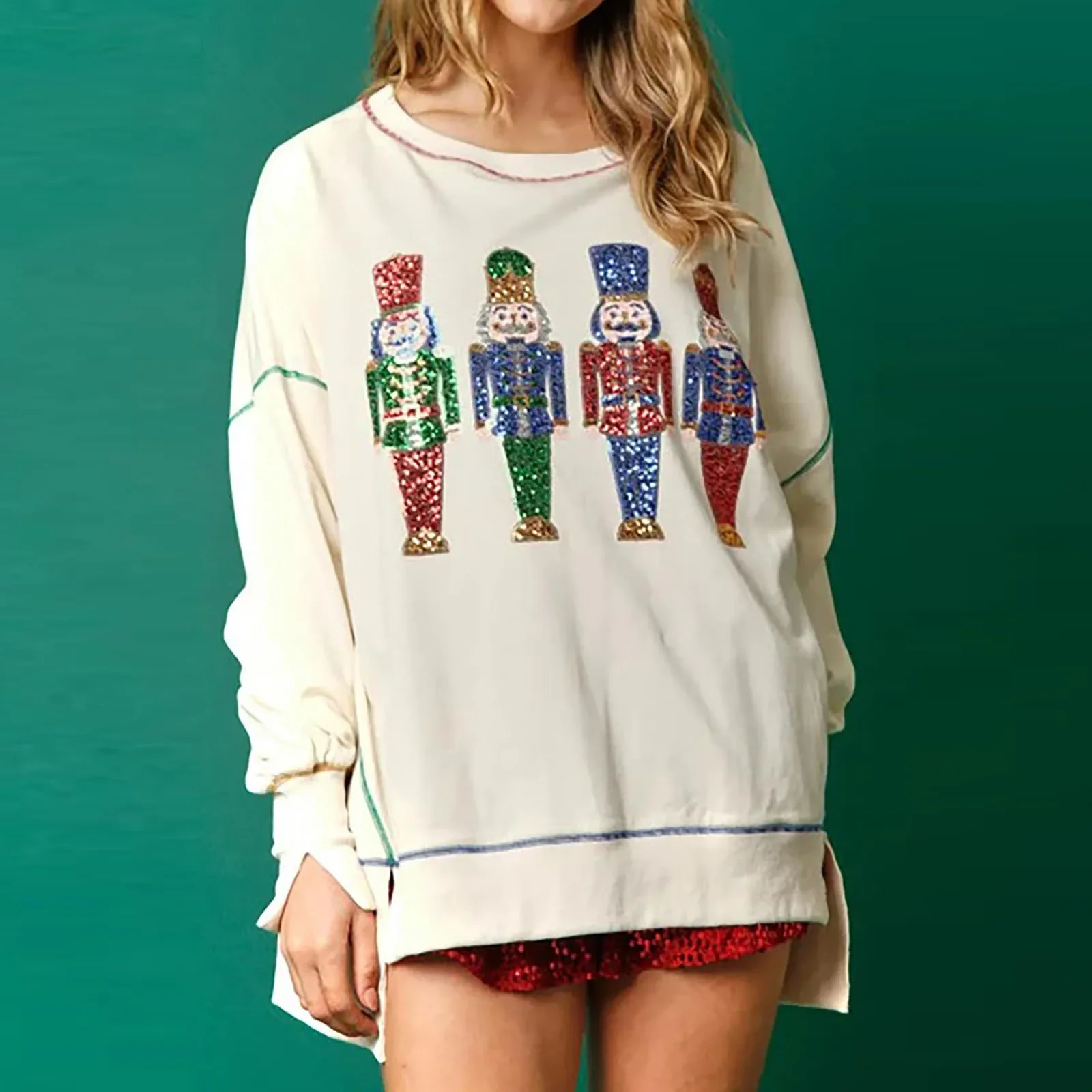 Imcute Women Cute Santa Sweatshirt Christmas Nutcracker Sequin Print Shirts Crewneck Long Sleeve Pullover Sweatshirts Tops 241011