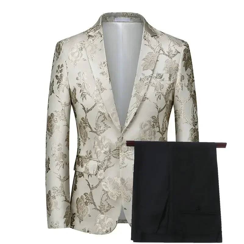 2 Pcs Floral Jacquard Suits For Men Prom Fashion Clothes Slim Fit Groom Wedding Tuxedos Set Jacket With Black Pants 2024