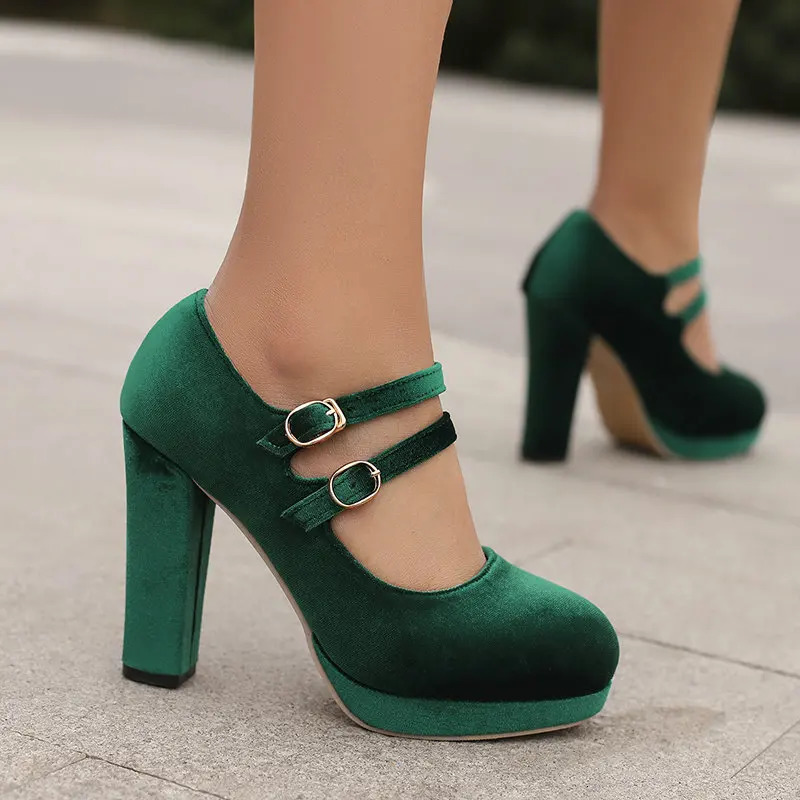 Velour Velvet Round Toe Green Burgundy Color Double Buckle Belt Block High Heels Women Pumps Platform Retro Lady Mary Janes Shoe 241010
