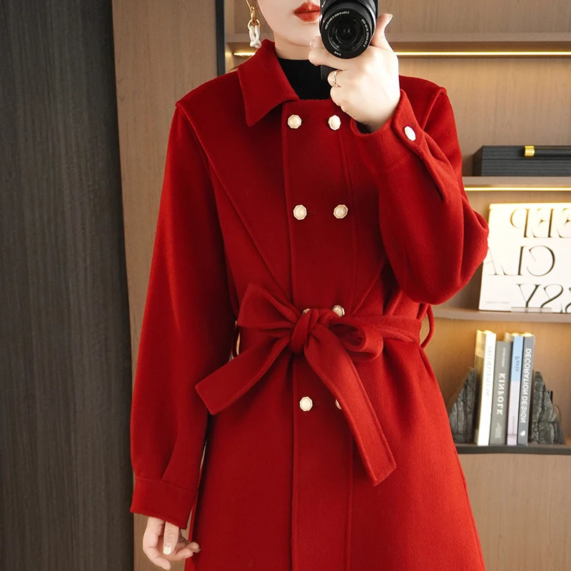 Autumn And Winter DoubleSided Wool Coat For Women Mid To Long Style With A Lapel Woolen Double Breasted 240930