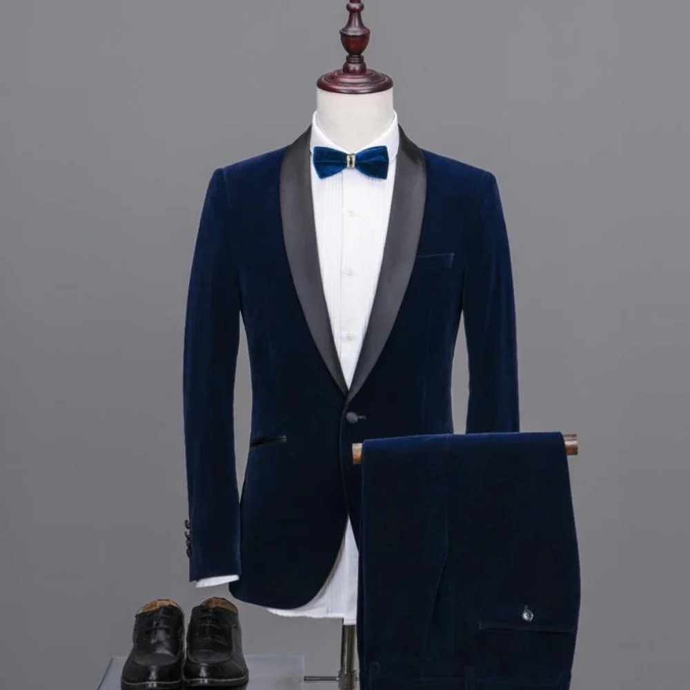Formal Velvet Business Men Suits for Wedding 2 Pcs Groom Tuxedo Shawl Lapel Male Smoking Blazer with Trousers Fashion Costume