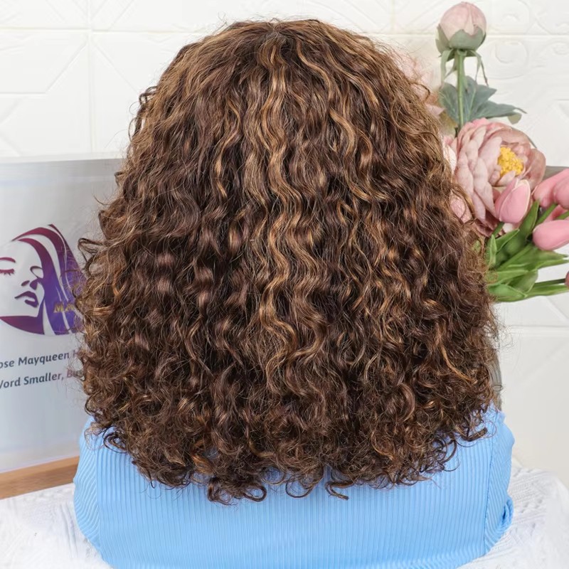 10a Ombre Brown Color Afro Curls Deep Curly Bob Wig Raw Indian Full Cuticle Mink Human Hair no Lace Front Wigs With Bang