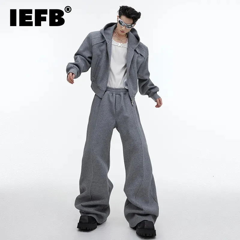 IEFB Autumn Winter Mens Set Niche Loose Oversize Hooded Sweater Fashion Sequin Baggy Sweatpants Solid Color Trend 9C2648 241011