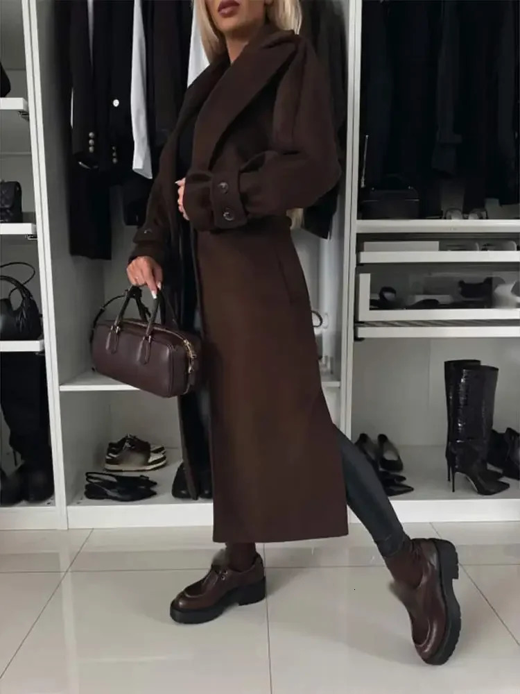 Elegant Burgundy Flip Tie Long Coat Womens Fashion Full Sleeve Side Split Solid Coat Autumn/Winter Womens Business Coat 241011