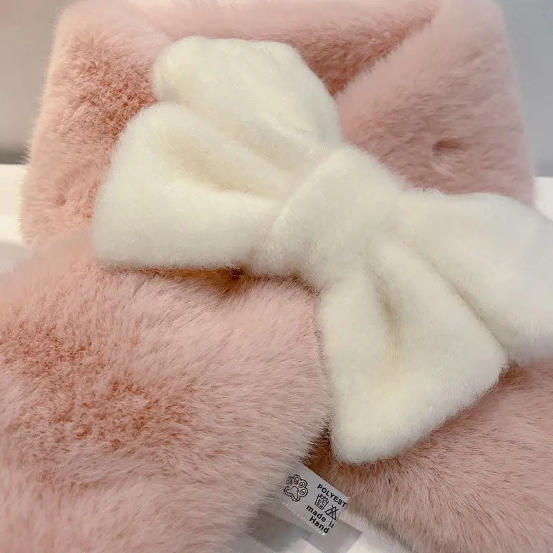 Japanese Sweet Girl Pink Bow Neck Scarf Womens AutumnWinter Faux Fur Cute Fury Scarf Fashion Female Trendy Accessories 241009