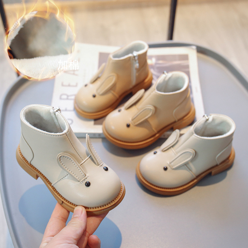 Cartoon Rabbit Baby Ankle Boots for Girls England Style Children Cute Bunny Winter Short Boots Low Heel Kids Girl Leather Shoes Sizes 21-30