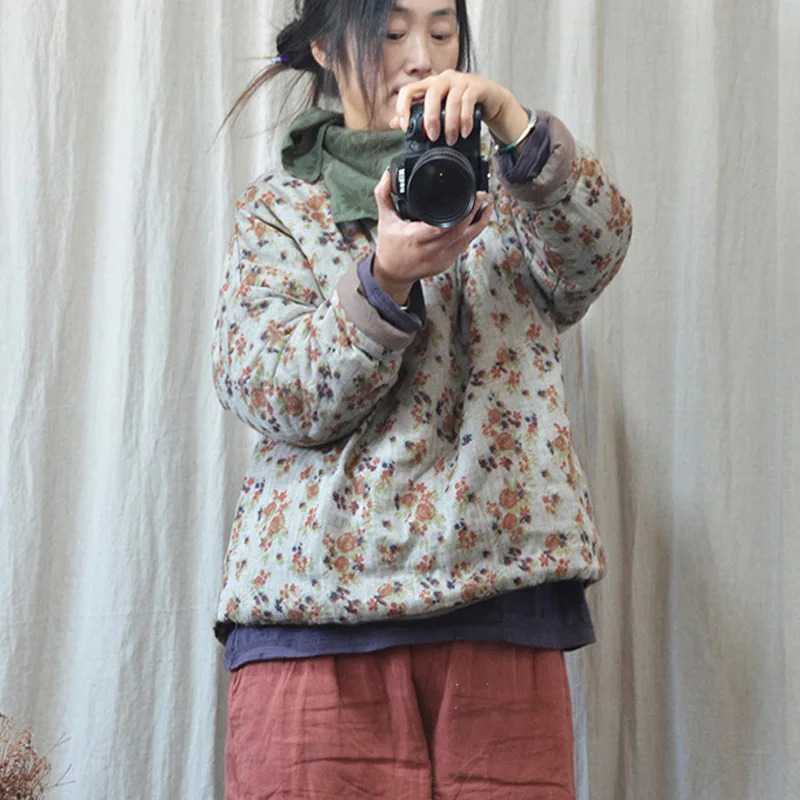 Johnture Womens Autumn Pullover Parkas Warm Coat O-neck Long Sleeve Retro Printed Flower Autumn Clothing Womens Parkas 241007