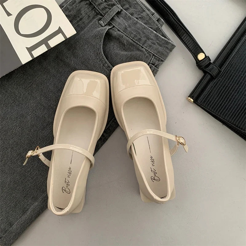 Women New Mary Jane Spring Leahter Shoes Fashion Buckle Female Square Head Toe Mid Heel Elegant Woman Pumps 240927