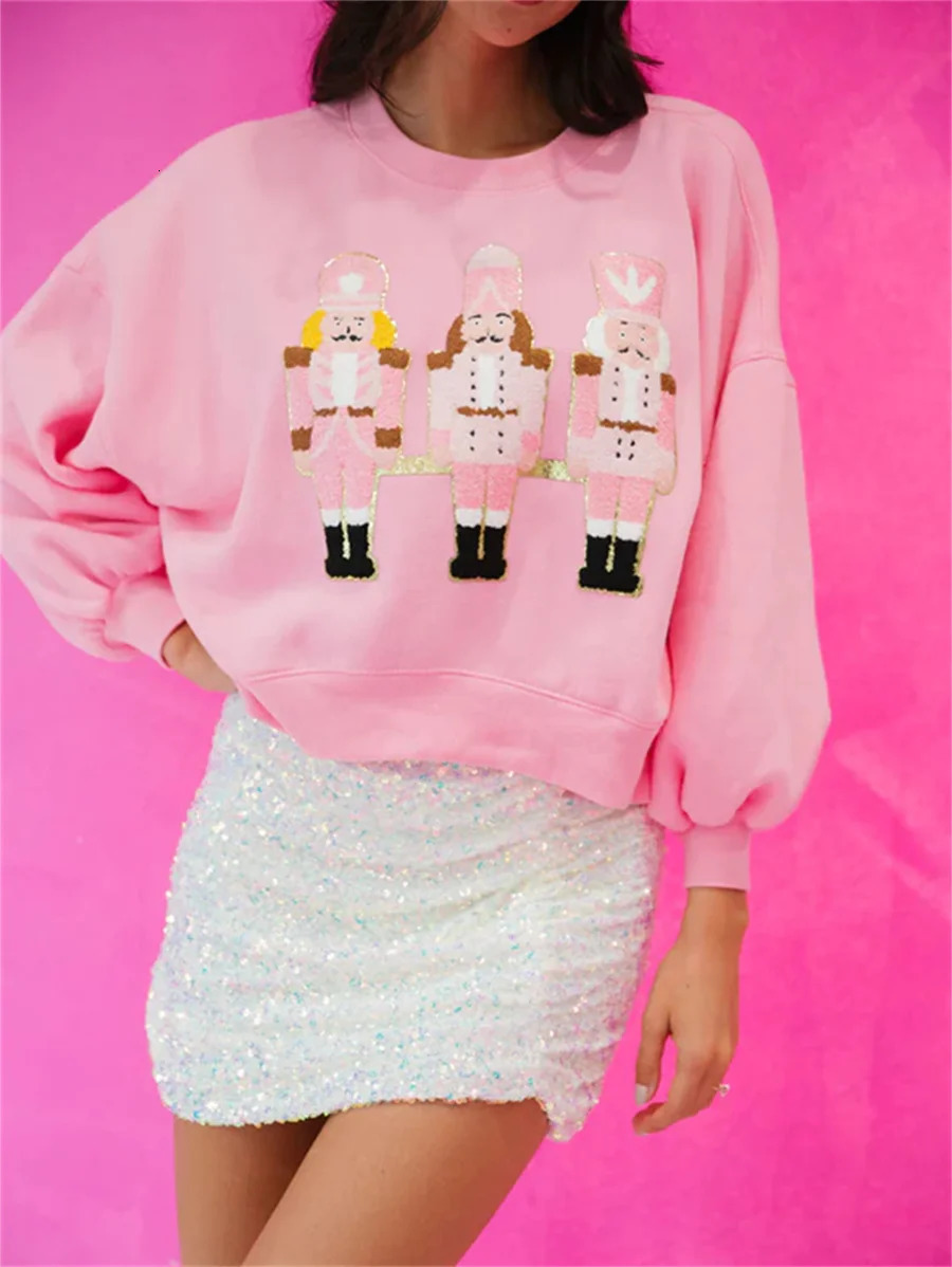 2024 Christmas Nutcracker Sequins Sweatshirt Round Neck Long Sleeve Crop Tops Loose Hoodies Streetwear Year 241011