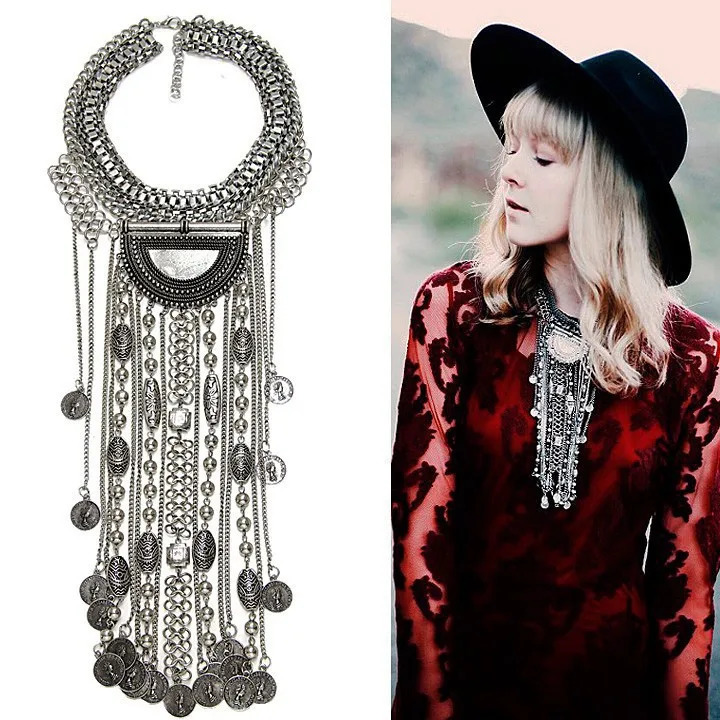 Retro Indian Statement Necklace Womens Jewelry Maxi Long Large Bohemian Ethnic Necklace 241011