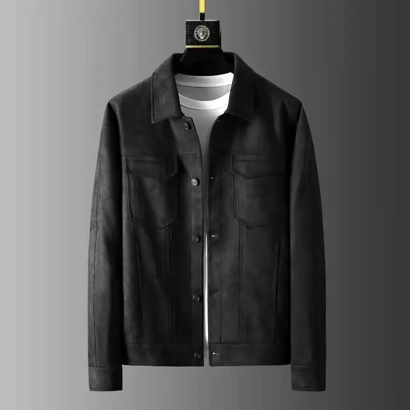 2024 Spring and Autumn Season Fashion Solid Color Slim Fit Flip Collar Leisure Business Light Suede High End Mens Coat 241011
