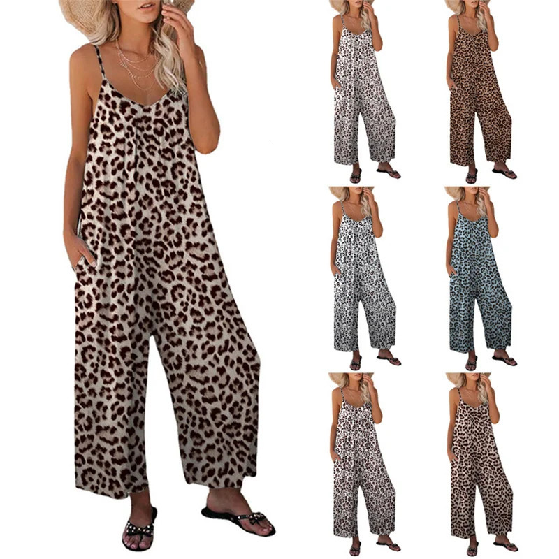 2023 Summer Womens Pants Cross Border Leopard Pattern Pocket Loose Casual Strap Jumpsuit 240930