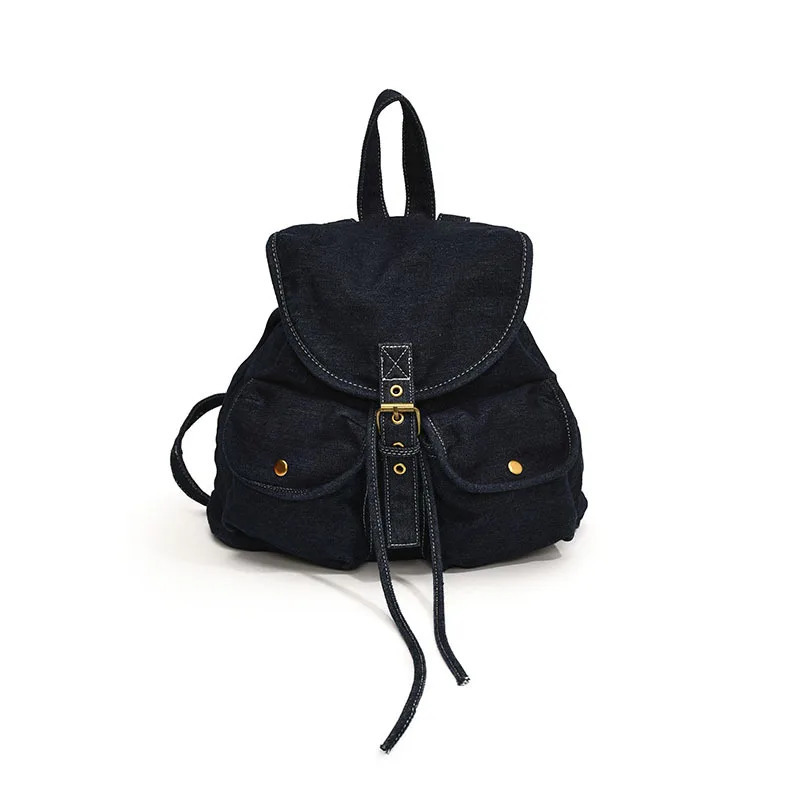 Casual denim drawstring backpack Korean mini Japanese bag canvas fashionable womens handbag travel bag Rucksack school bag 241008