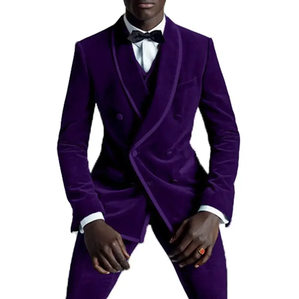 Double Breasted Men Suits Slim Fit Velvet Wedding Tuxedo for Prom Stage 3 Pcs Male Smoking Jacket with Vest Pant 2024