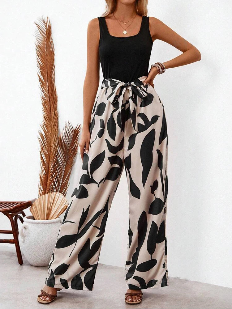 Elegant Sexy Jumpsuit Sleeveless Floral Print Patchwork Trousers Wide Leg Tanks Rompers Loose Style Belted Leotard Overal 240930