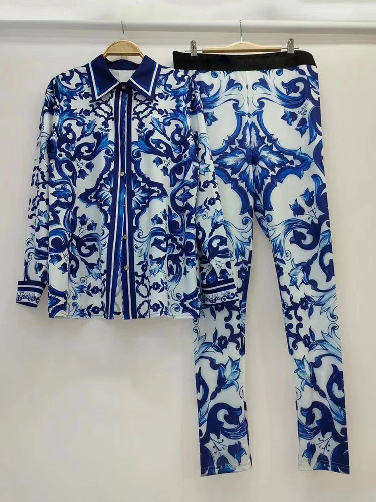 Retro geometric print lapel loose shirt twopiece 2024 summer mens and womens elastic waist straight pants fashion set 241010