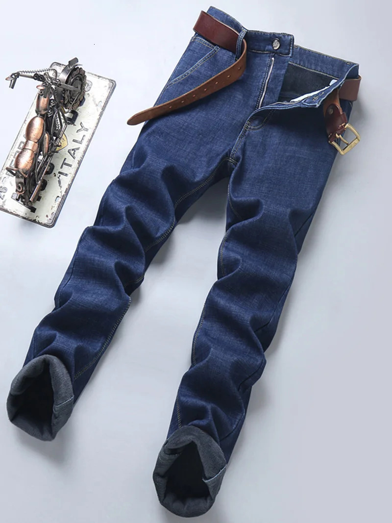 2024 High Quality Winter Mens Warm Slim Jeans Thickened Stretch Straight Black Blue Business Casual Fashion Trousers 241011
