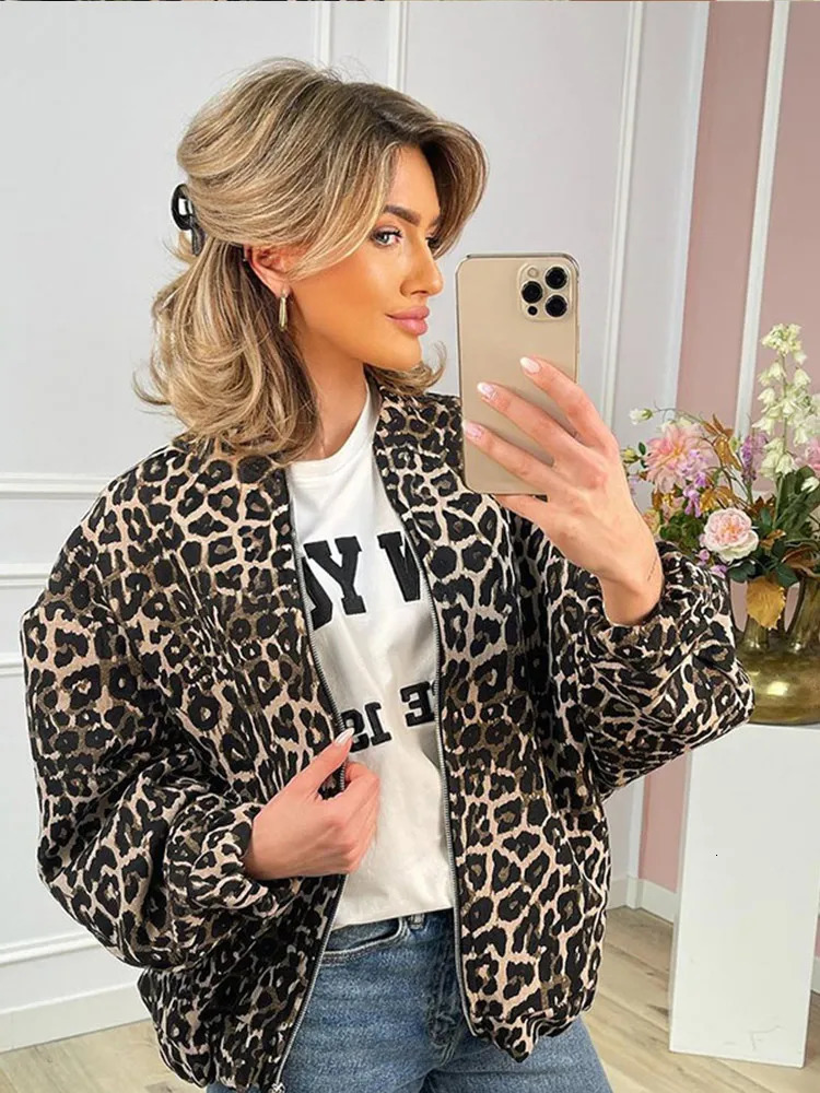 Retro Leopard Print Oneck Women Jacket Chic Zipper Pocket Long Sleeve Short Coats Autumn Winter Female Street Outerwear 241011