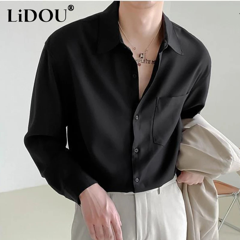 Spring and autumn fashion high-end mens shirt long sleeved simple casual chic shirt loose dress solid color fully matched mens top 241010