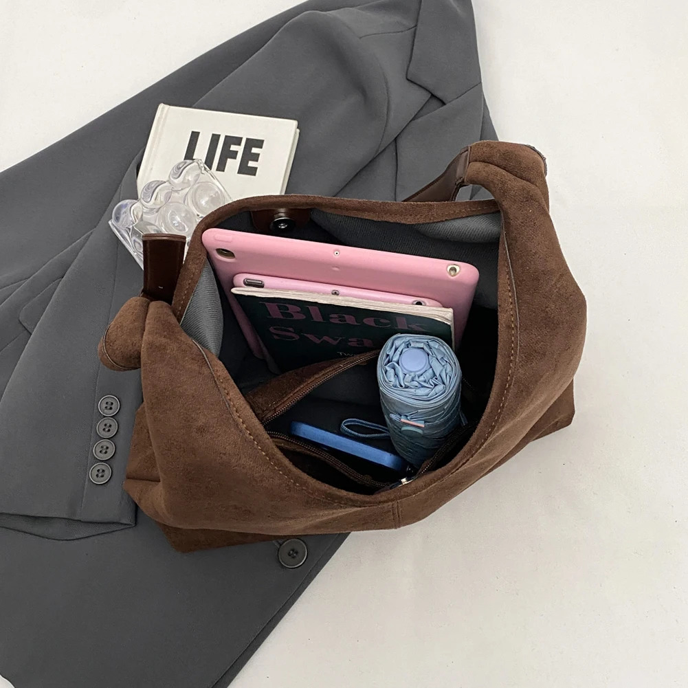 Retro womens bag suede shoulder bag simple handbag large capacity handbag fashionable handbag solid color buckle handbag 241007