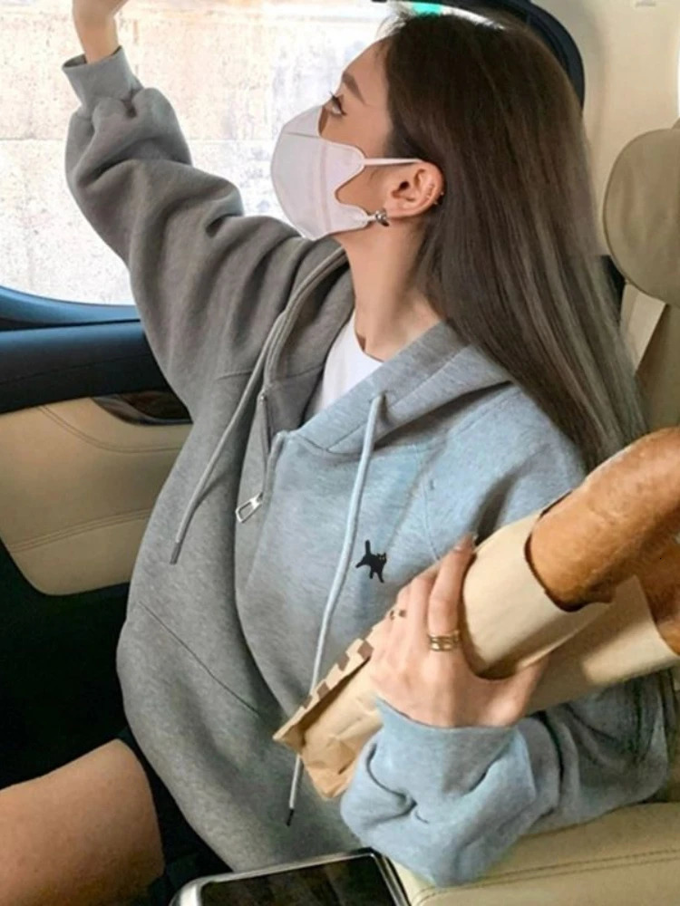 Korobov Grey Half Zipper Embroidered Hoodie Oversized Sports Casual Loose Wool Sweater Korean Fashion Ropa De Mujer 241007