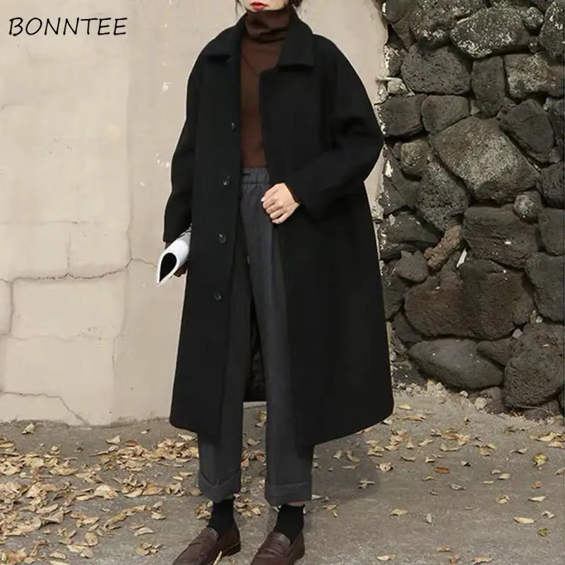Women Wool Blends Long Coat Thickening Casual Fashion Warm Allmatch Single Breasted Slim Overcoat Turndown Collar Classic Chic 241008