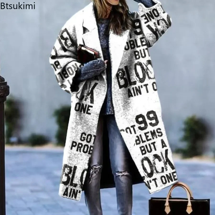 Spring/Summer Autumn Womens Coat Matching Plain Long Sleeve Collar Coat Printed Wool Coat Womens Coat 241007