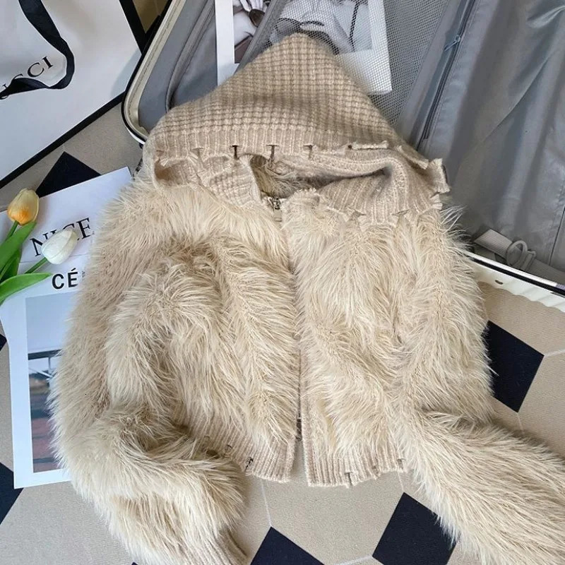 Mink Fur Coat Sweater Jacket Womens Autumn winter 2024 Short Hooded Knitted Cardigan 241009