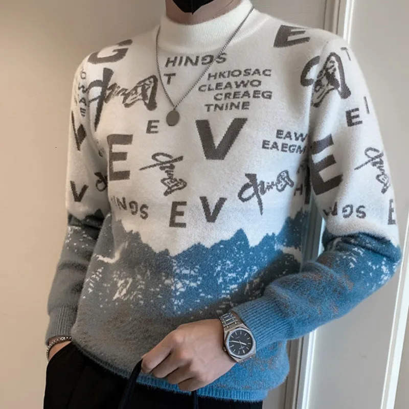 Half high neck ultra-thin crystal mink knitted sweater mens fashionable letter printed sweater at the bottom mens pullover sweater 241007