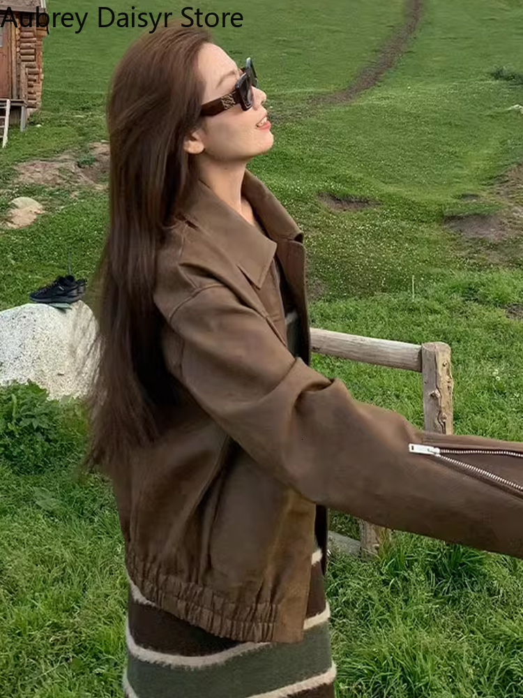 Autumn Brown Women Streetwear Moto Biker Zipper Coat Female Winter Warm Punk Style Leather Jacket 2023