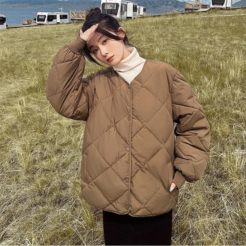 2023 Short Cottonpadded Jacket Female Down Cotton Coat Autumn Winter Women Light Thin Quilted Lattice Parkas Casual Tops Coats 240930
