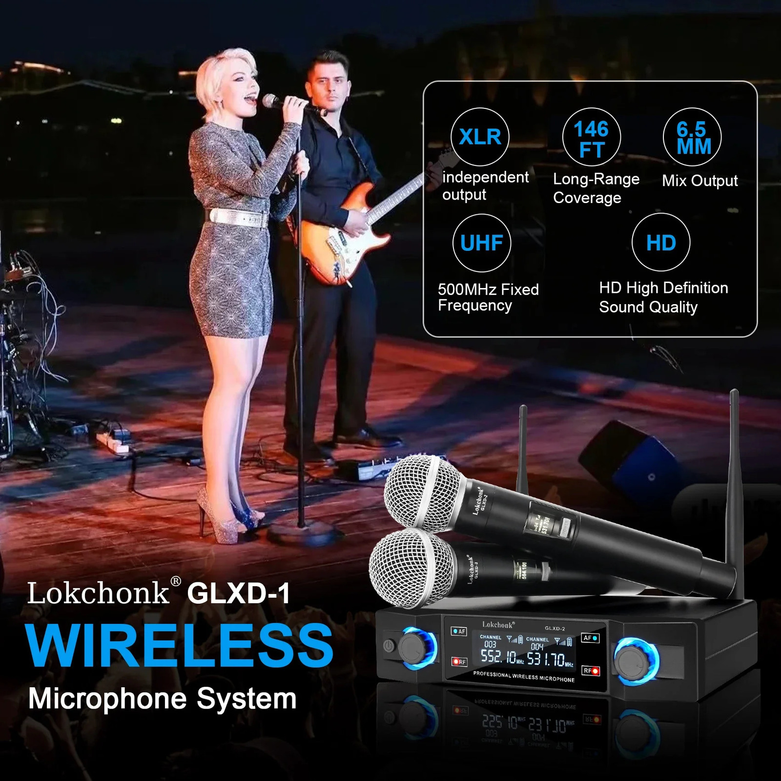 GLXD2 Professional Wireless Microphone System Dual Channel UHF Fixed Frequency Cordless Handheld Dynamic Microphone for Karaoke Parties 241009