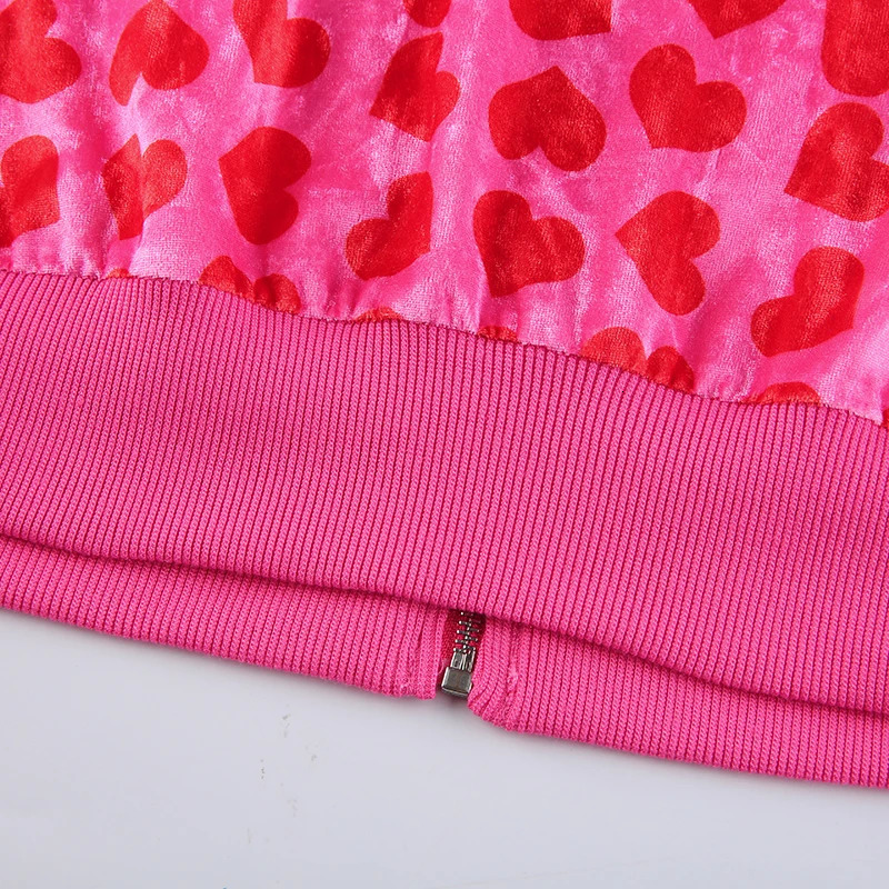 Y2K E- Velvet Sweatshirts Hoodies Top Cute Heart Print Zip Up Long Sleeve Cropped Navel Coat Pants Outfits Matching Set 241010