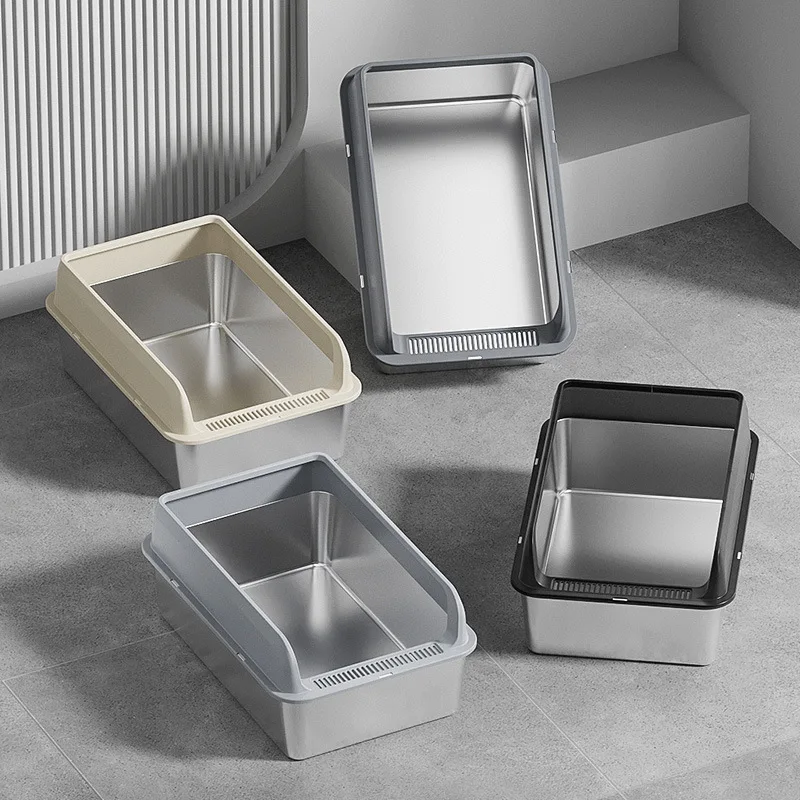 Large-Capacity Stainless Steel Cat Litter Box Semi-Enclosed Cat Toilet Heightened Fence Splash-Proof Cat Litter Box Pet Supplies