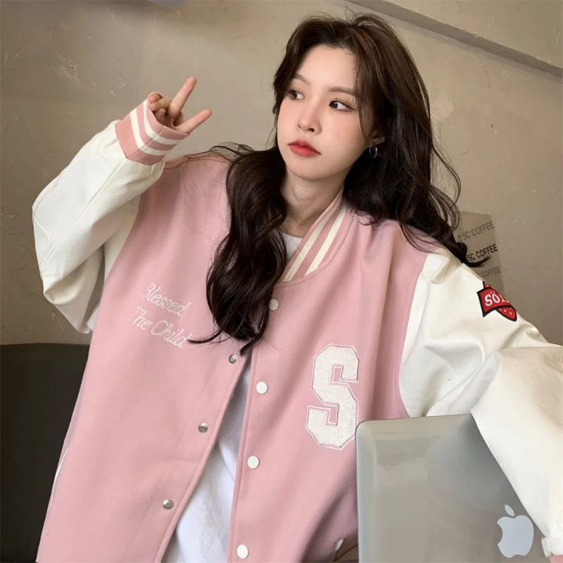 Deeptown Y2k Streetwear Bomber Jacket Women Oversized Varsity Jackets College Uniform Harajuku Fashion Korean Pink Baseball Coat 241011