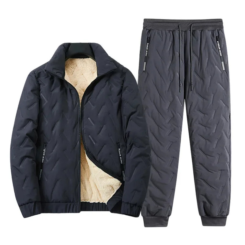 Mens track and field clothing winter fashion thick warm Parka jacket pants 2piece set ultrafine casual mens sports shirt 241008