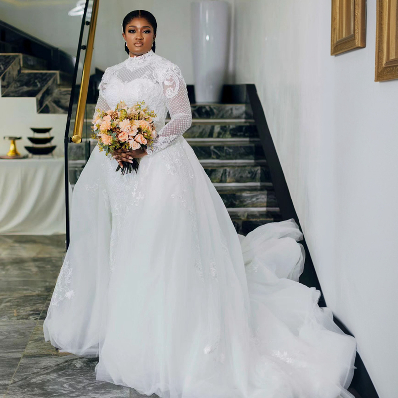 2024 Plus Size Aso Ebi Wedding Dress Bridal Gowns For Bride Detachable Train High Neck Illusion Mermaid Long Sleeves Beaded Lace Wedding Gowns for Wom