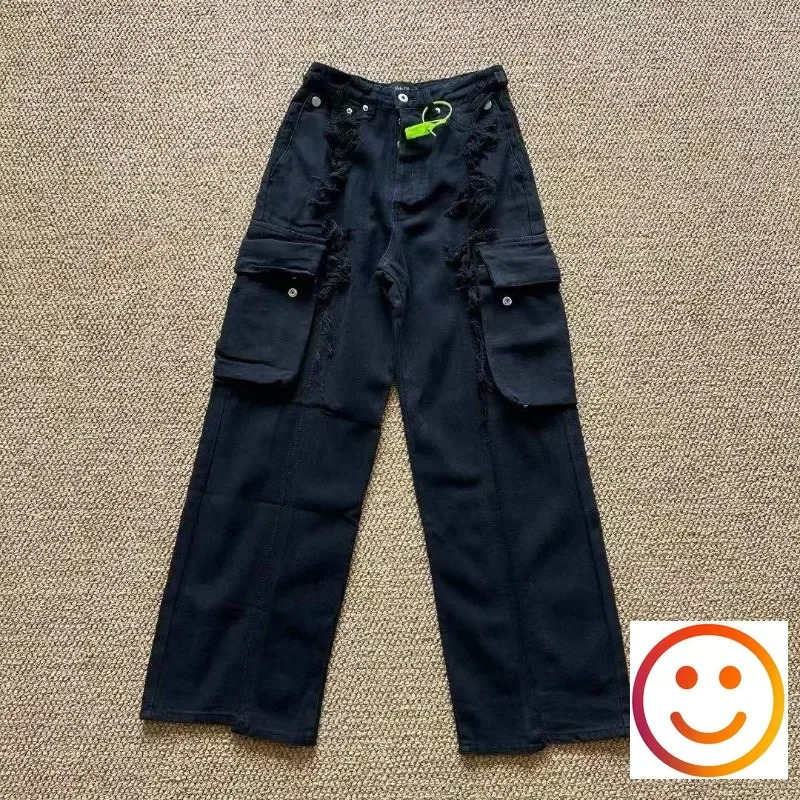 Multipocket Vujade Tassel Washed Do Old Jeans Black Cargo Pants Men Women Hip Hop Midwaist Casual Loose Flared Trousers 241011