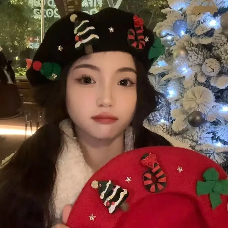 Fashion Hat Y2k Holiday Millennium Sweet Sister Winter Warm Wool Tweed Beret Cap Women Christmas Red Painter Party 241009