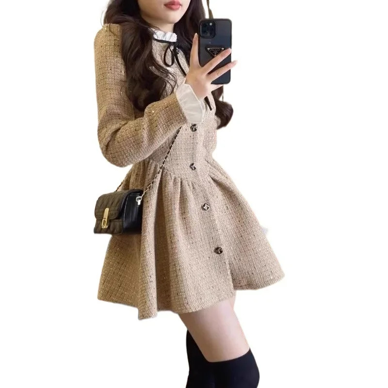 Mini dress 145cm womens autumn high waist slim fit French style coarse tweed mini dress Xs 241011