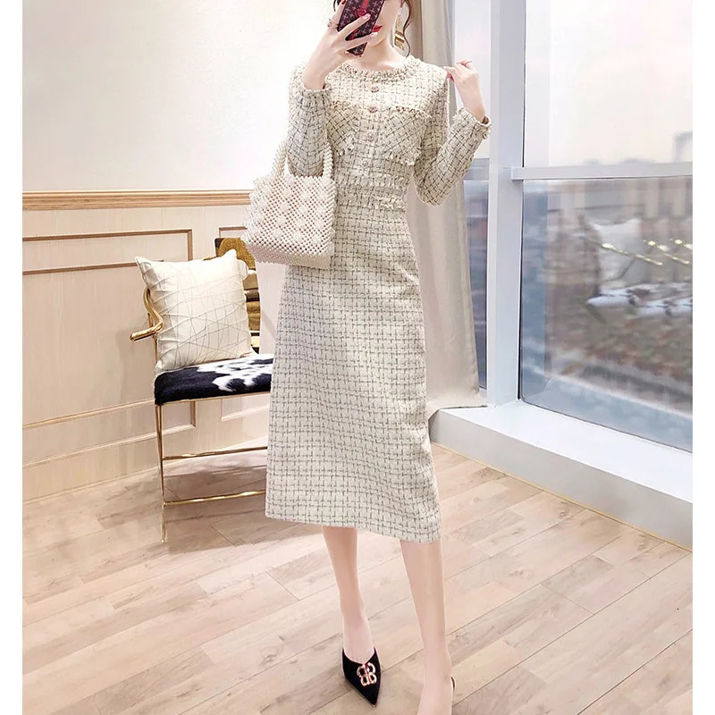 Womens fashionable coarse woolen suit dress autumn O-neck long sleeved single chest plain weave elegant dress evening dress party vest dress 241011