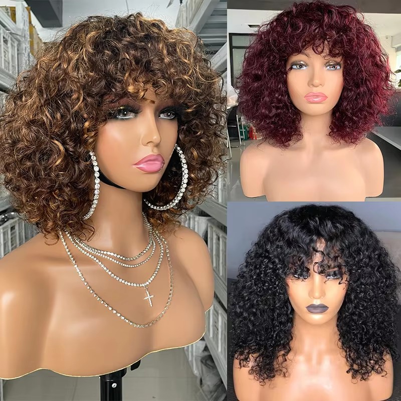 10a Ombre Brown Color Afro Curls Deep Curly Bob Wig Raw Indian Full Cuticle Mink Human Hair no Lace Front Wigs With Bang